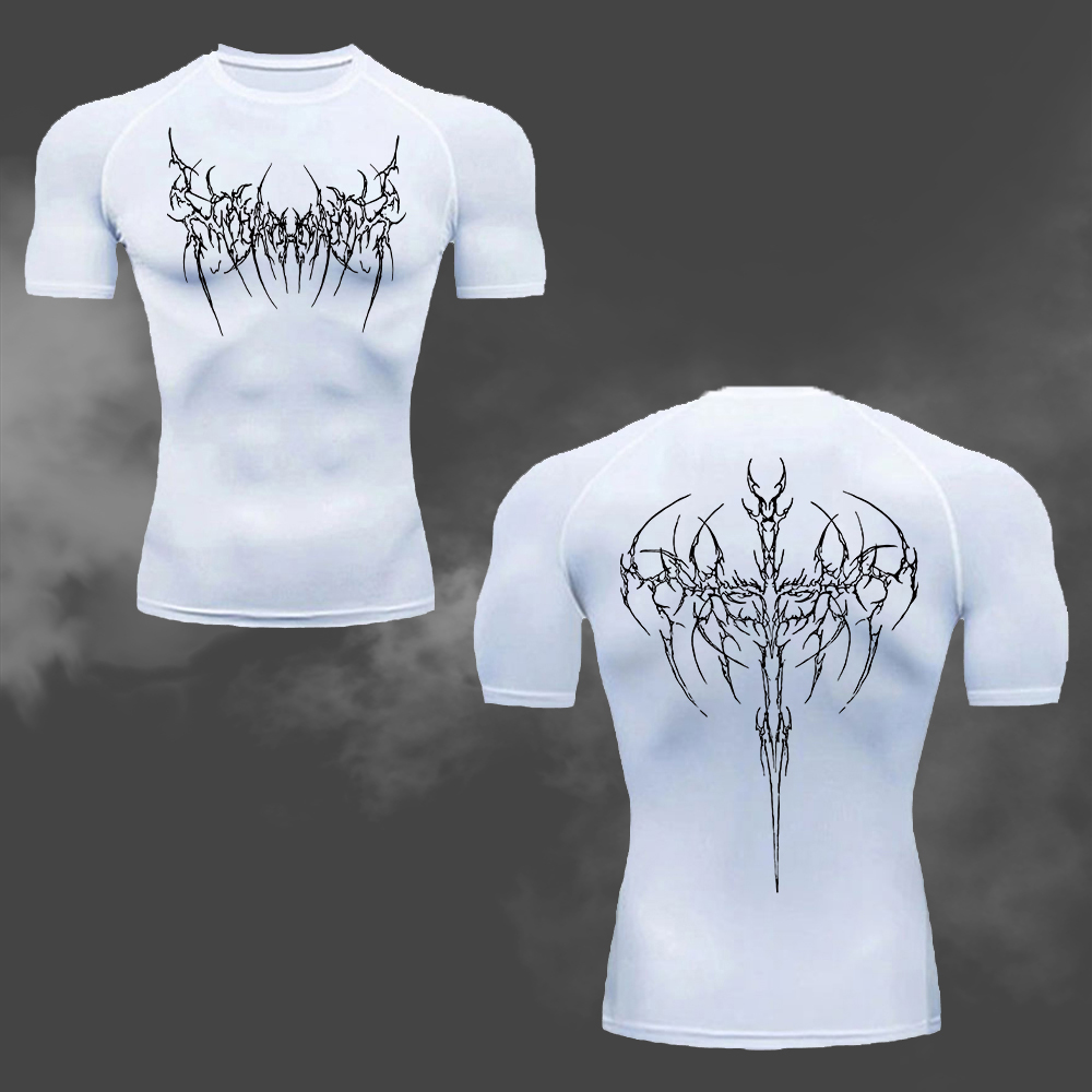 Cycling Commute Training - เสื้อยืดรัดรูปผู้ชายพิมพ์ลายโกธิค แห้งเร็ว แขนสั้น เสื้อฤดูร้อนสำหรับปั่นจักรยาน วิ่ง ฝึกซ้อม